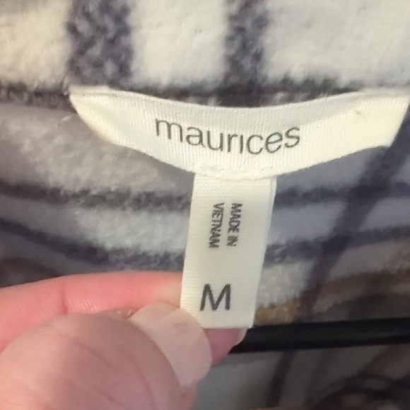 Maurices Cream Plaid Button-Up Shacket with Brown & Gray Stripes - Picture 2 of 3